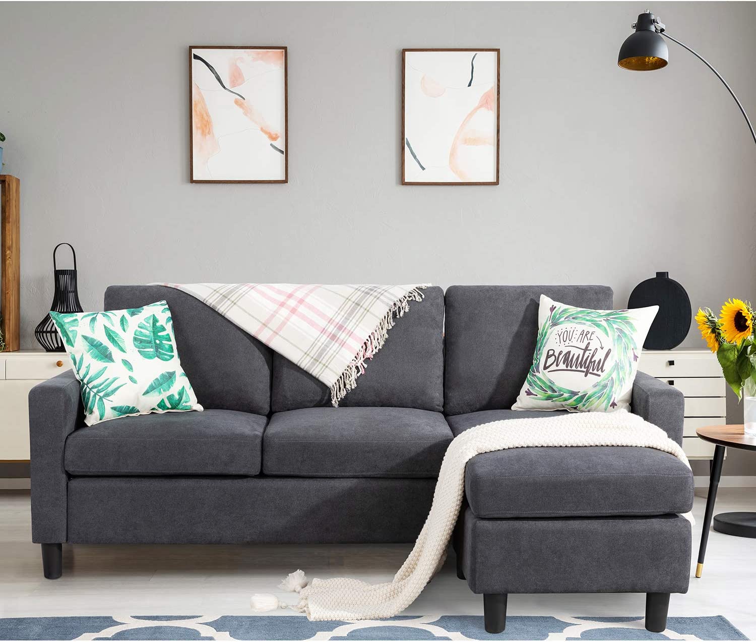 Shintenchi Convertible Sectional Sofa Couch, Modern Linen Fabric L-Shaped , 3-Seat Sofa Sectional with Reversible Chaise for Living Room, Apartment and Small Space (Dark Grey)
