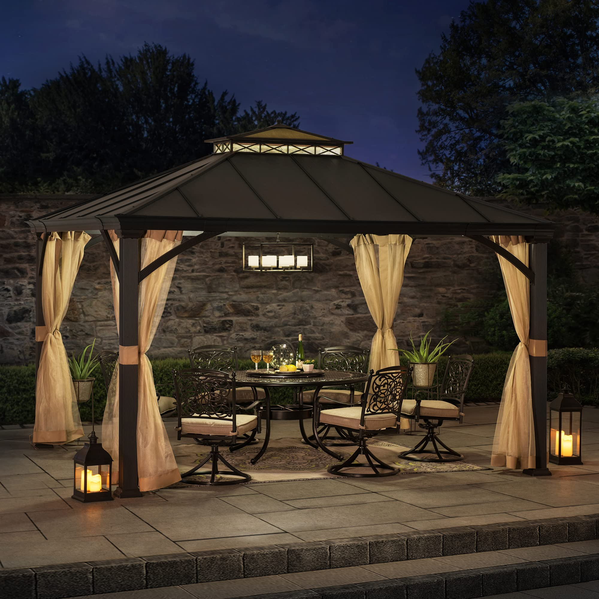 【Gazebo】10.5x12.5 ft. Outdoor Patio Black Steel Frame Hardtop Gazebo with 2-Tier Steel Roof & Mesh Netting