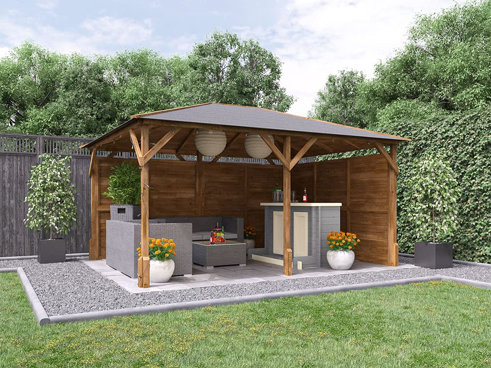 【Gazebo】Garden Bar Gazebo Heavy Duty Pressure Treated Shelter with Roof Shingles, Log Bar & 2 Side Panels