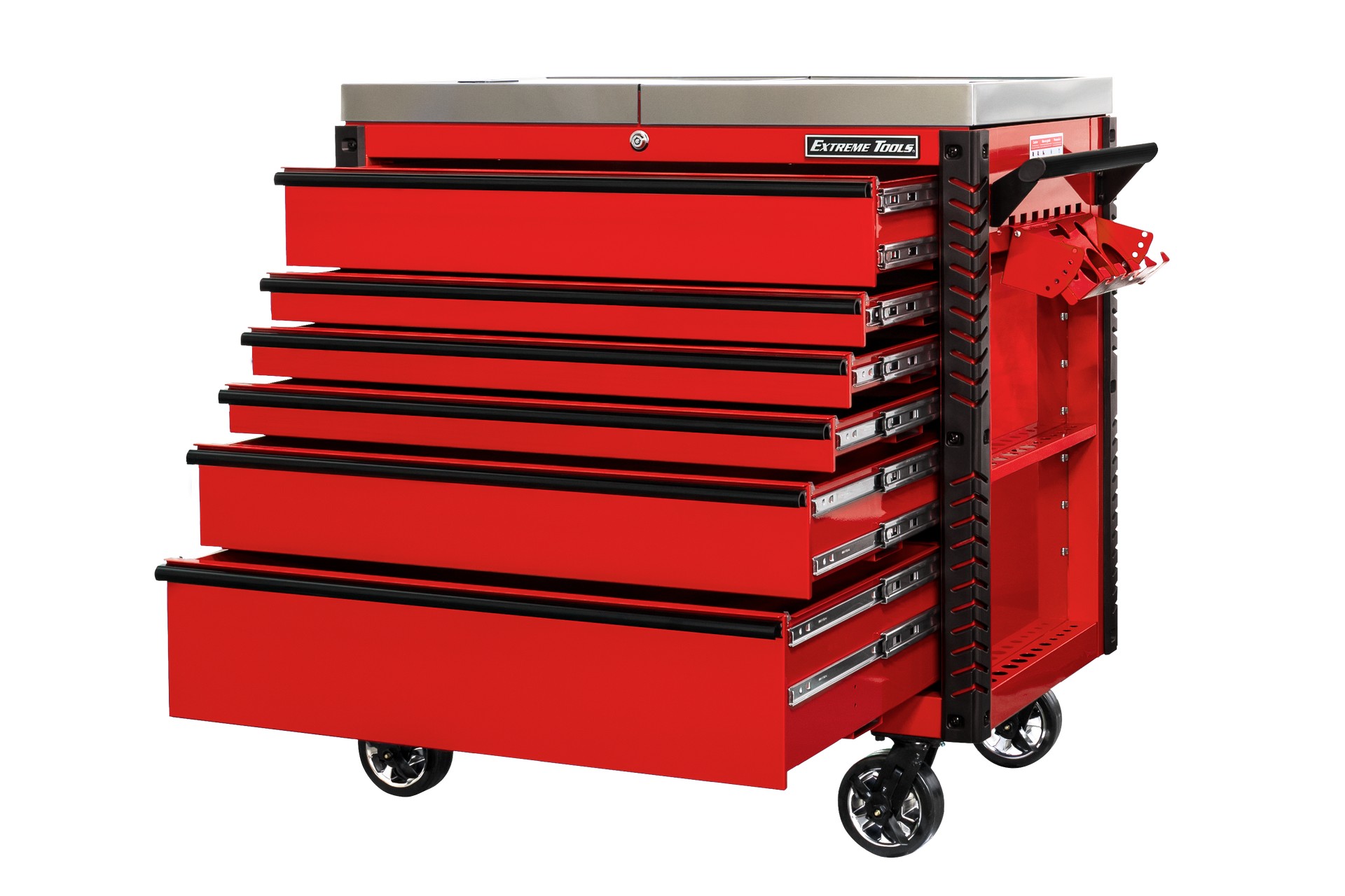n- used toolboxExtreme Tools 41 6-Drawer Deluxe Tool Cart with Pry Bar Holders And Stainless Steel Slide Topn-