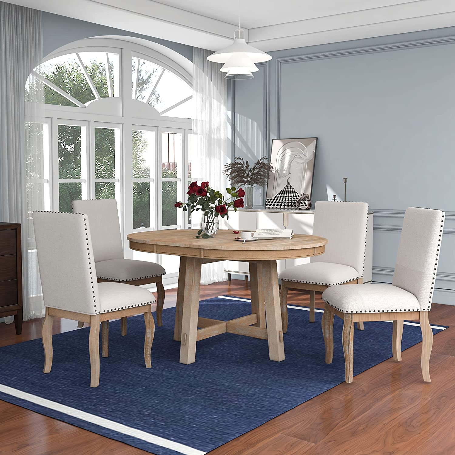 Merax 5-Piece Farmhouse Wooden Round Extendable Dining Table Set with 4 Upholstered Chairs, Family Kitchen Furniture, Natural_New