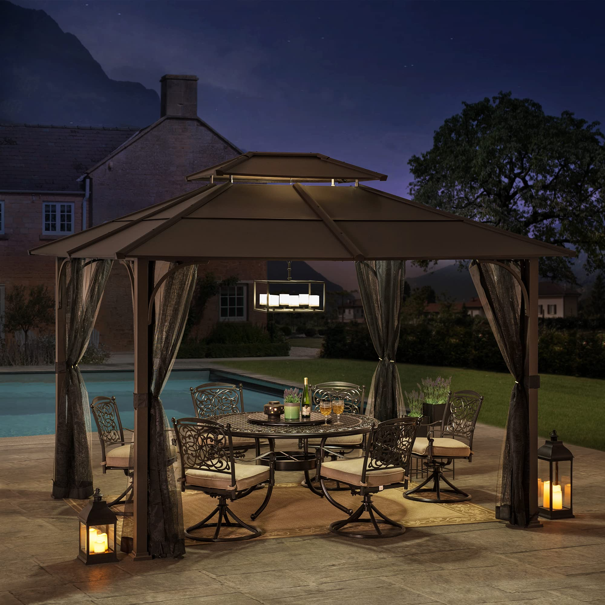 【Gazebo】10x12 Brown Steel Gazebo with 2-Tier Hip Roof Hardtop